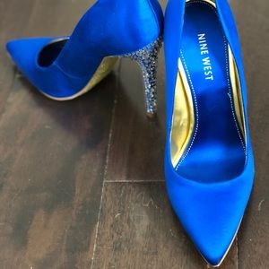 Nine West blue satin pumps with crystal heels 7